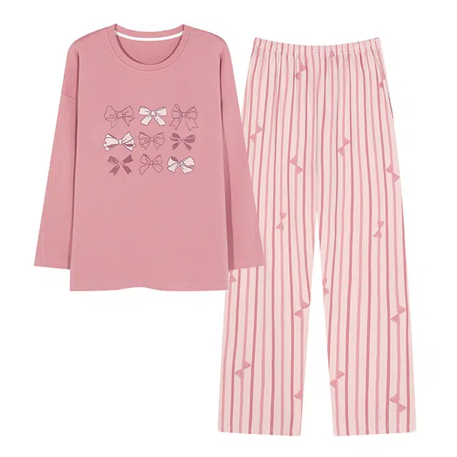 潞优野 带胸垫纯棉长袖长裤少女甜美可爱风透气高颜值家居服春秋季款轻盈舒适柔软睡衣套装 女款