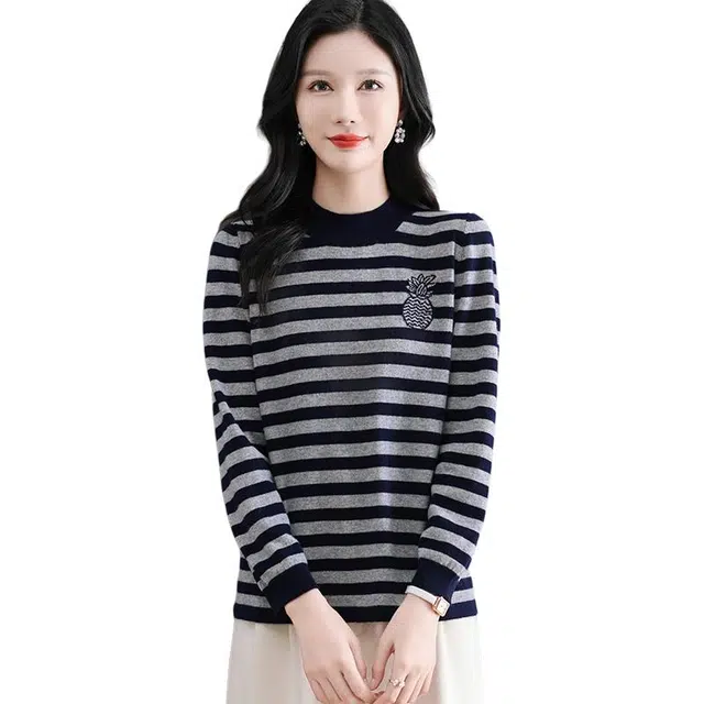 袋鼠 宽松舒适简约百搭质感条纹圆领长袖羊毛针织衫 女款