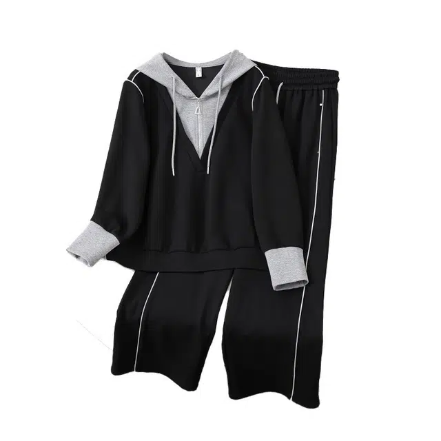 云妃秀 大码女装休闲套装宽松连帽上衣裤子二件套胖妹妹时尚拼接显瘦秋季 女款