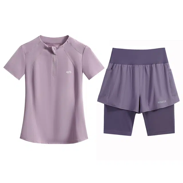 百思绒  瑜伽套装速干女通用夏季跑步运动服半拉链健身  短袖上衣  女款  紫黑白绿蓝多颜色