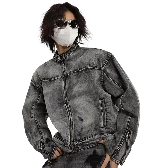 一碗士多 美式复古高街小众百搭做旧水洗拼接设计感袖口拉链个性痞帅时尚日常通勤机车立领牛仔夹克 男女同款