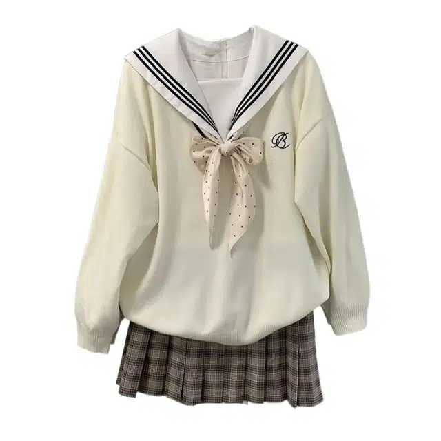 桴生 甜美少女感海军领上衣领结宽松显瘦卫衣学院风格纹短裙裙装套装 女款