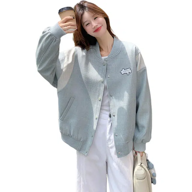 稻草人 拼接撞色学院风时尚休闲夹克流行棒球服 女款