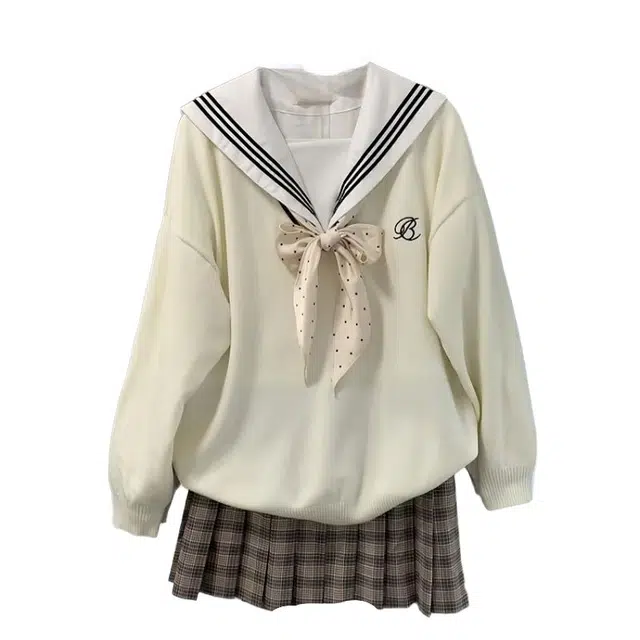 桴生 甜美少女感海军领上衣领结宽松显瘦卫衣学院风格纹短裙裙装套装 女款