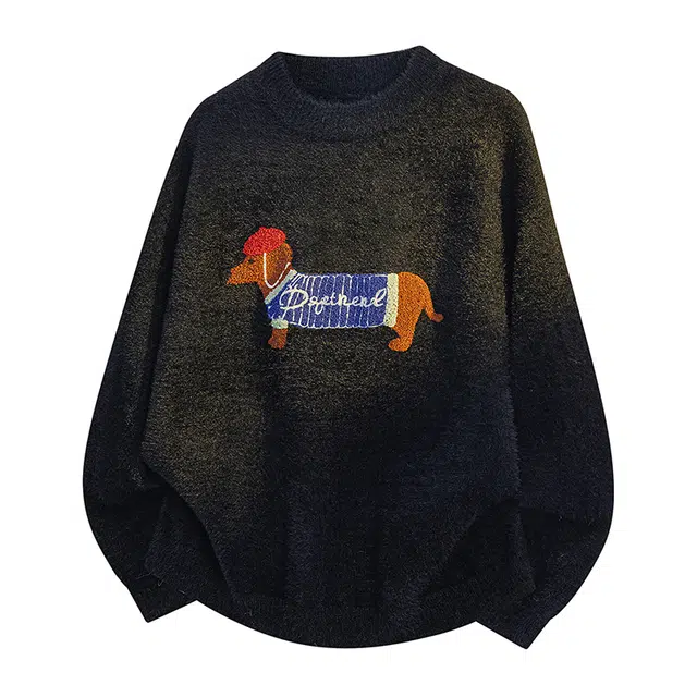 左岸 青少年港风潮牌休闲时尚高级感春秋上衣设计感小狗印花保暖秋冬内搭打底衫慵懒风针织衫 男款