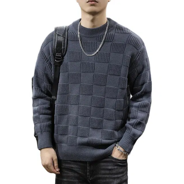 前进牛 美式休闲潮流高街格子宽松大码潮流保暖慵懒复古重磅针织衫 男女同款