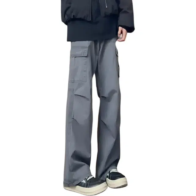 徐百货 美式高街潮牌百搭休闲水洗做旧褶皱拼接多口袋牛仔裤潮流复古街头直筒工装裤 男女同款