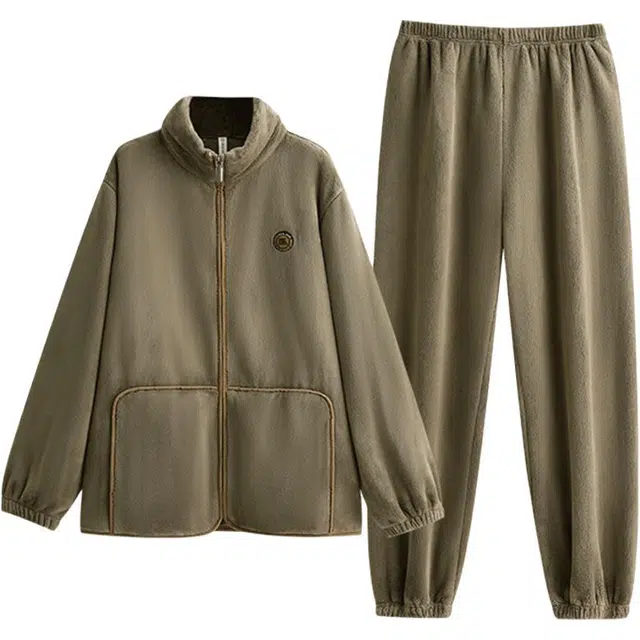 浮光岛屿 简约纯色时尚拉链高级感家居服舒适亲肤保暖可外穿休闲秋冬款睡衣套装 礼袋款 男款 浅黄色