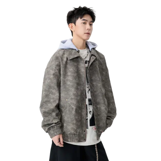 一碗士多 美式复古仿牛仔皮假两件高级感设计舒适防风宽松上衣通勤日常游玩拍照出片百搭慵懒风时尚休闲拉链口袋长袖夹克 男女同款