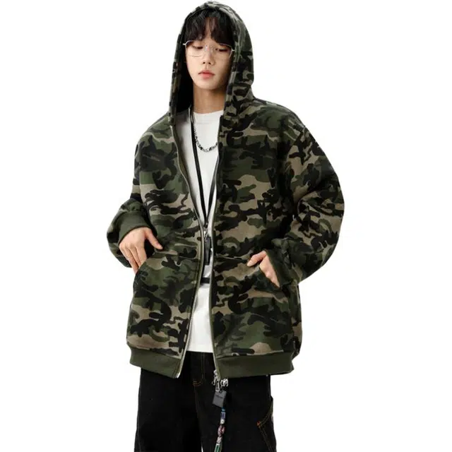 佐菲利 美式复古迷彩连帽外套潮牌宽松休闲情侣开衫上衣卫衣 男女同款