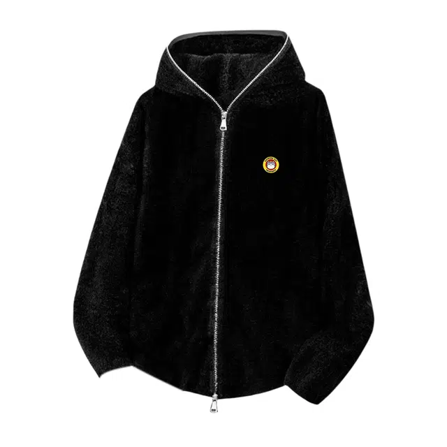 吾皇猫 原创美式复古高街简约基础款学院风连帽针织上衣慵懒风时尚贴布宽松仿貂毛休闲双拉链外套潮流潮牌百搭春秋季夹克 男女同款