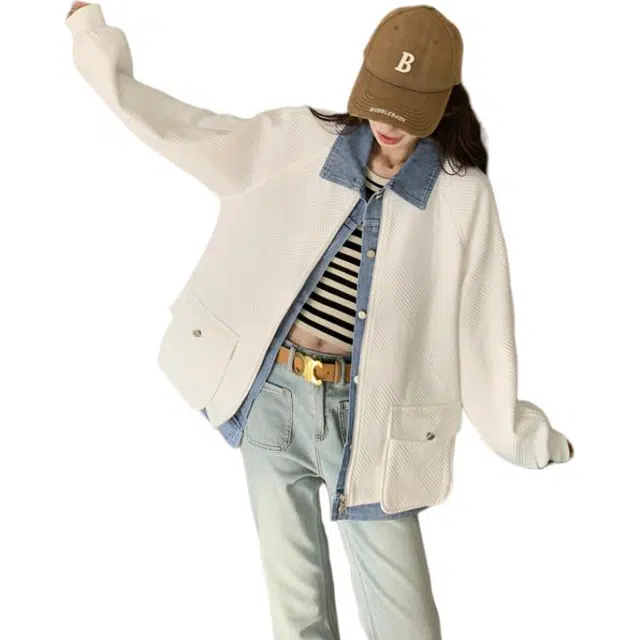 稻草人 潮流时尚舒适休闲百搭韩版拼接牛仔外套 女款
