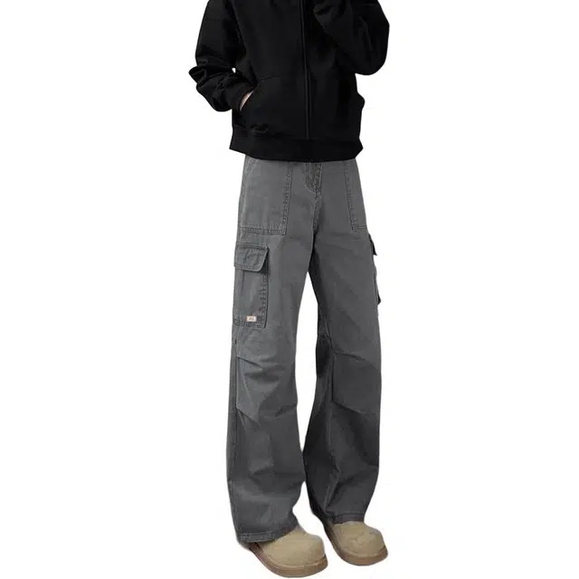 北欧攻略 美式复古高品质纯棉水洗显腿直长裤多口袋大码合身显瘦痞帅微喇休闲裤工装裤 男女同款