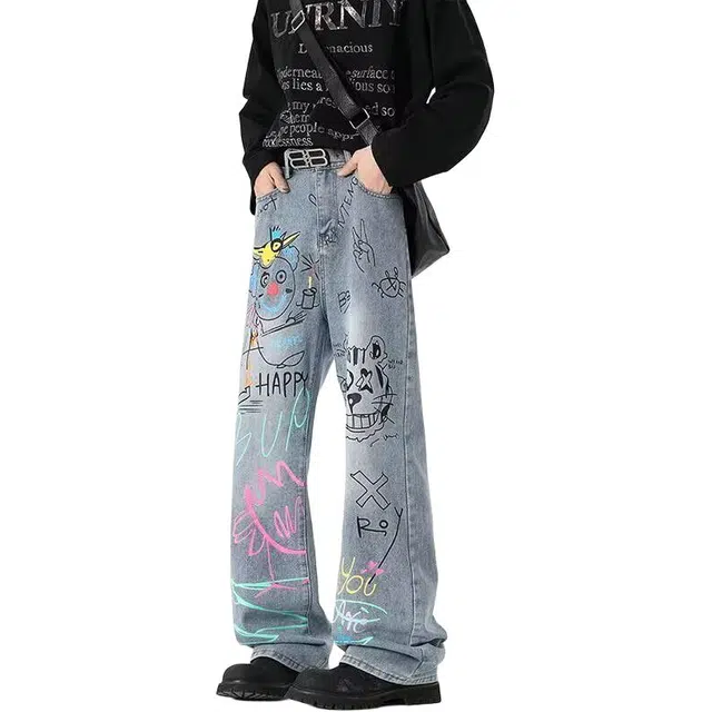 欧迪芬 美式高街涂鸦裤女万圣节穿搭裤子设计感显瘦直筒微喇裤街头帅气牛仔裤 女款