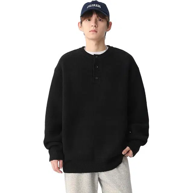 么宁 秋冬季美式亨利领慵懒风毛衣个性时尚外套纯色简约百搭宽松上衣中性风针织衫 男女同款