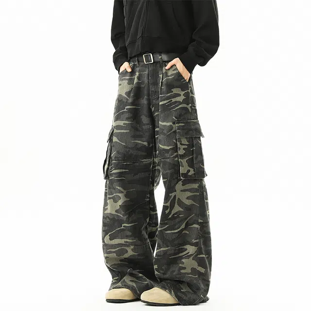 加荣 美式高街复古迷彩工装裤男秋尽显帅气风范休闲裤女日常通勤宽松高级感男士秋裤潮牌痞帅时尚直筒裤裤子 男女同款
