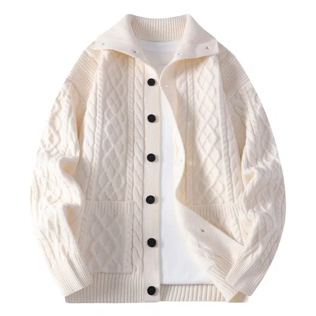 北欧攻略 学生北欧慵懒风加厚保暖软糯舒适高级感打底衫螺纹麻花立体纹理单排扣开衫休闲百搭潮流正面贴袋设计针织衫 男女同款