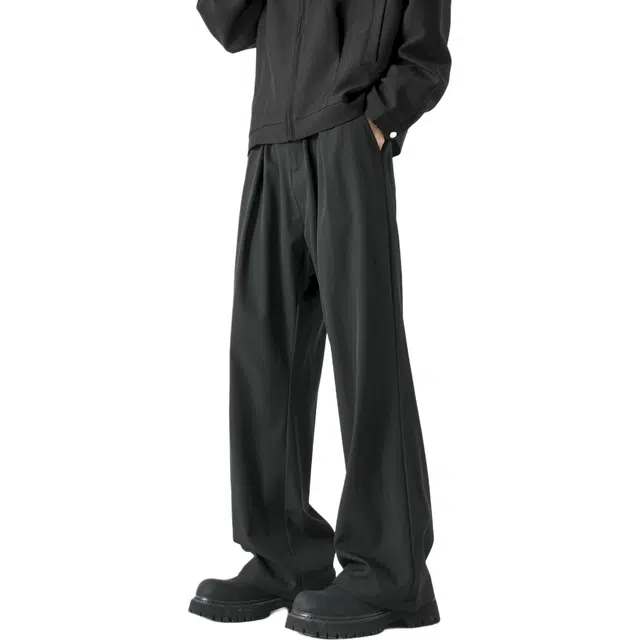 图兰朵 日系复古高街嘻哈基础款纯色简约纽扣拉链阔腿弯刀裤高级感中腰柔软舒适休闲免熨烫垂感透气百搭通勤直筒西装裤 男女同款