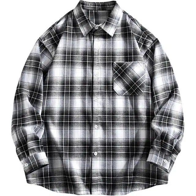 金盾 美式撞色格子宽松长袖衬衫 男女同款