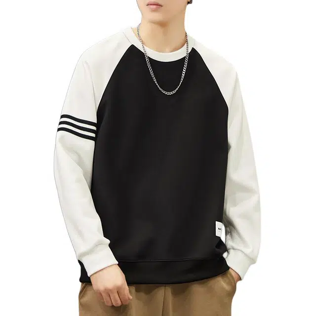 协协乐 圆领长袖男士春秋季宽松套头打底衫拼接拼色设计感上衣早秋小众设计款卫衣 男款