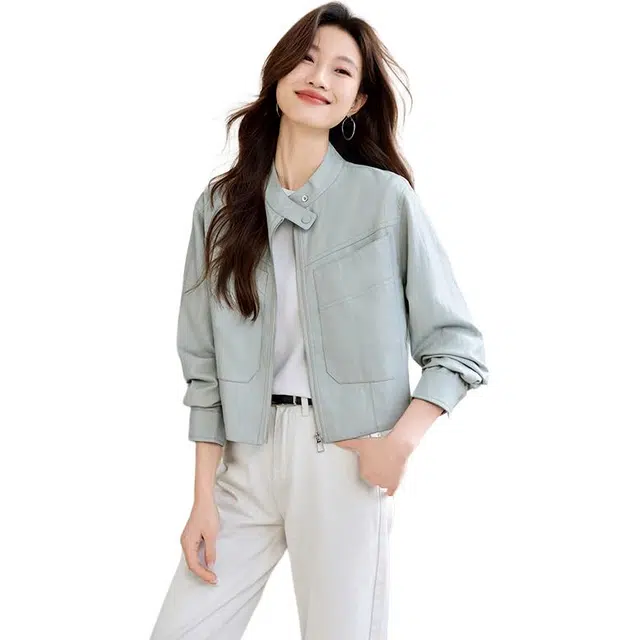 袋鼠 拉链款复古时尚休闲立领夹克皮衣外套 女款