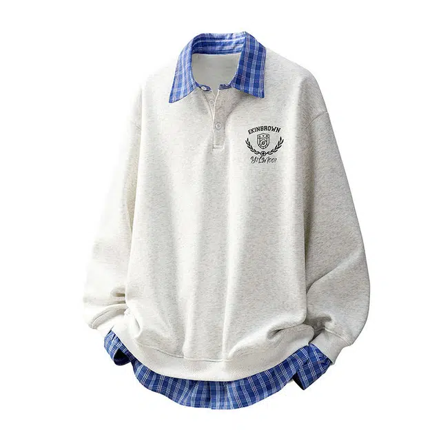 哲源 美式复古学院风上衣徽章字母刺绣翻领重磅假两件设计感春秋套头衫外套潮牌舒适慵懒垂感日常百搭宽松休闲卫衣 男女同款