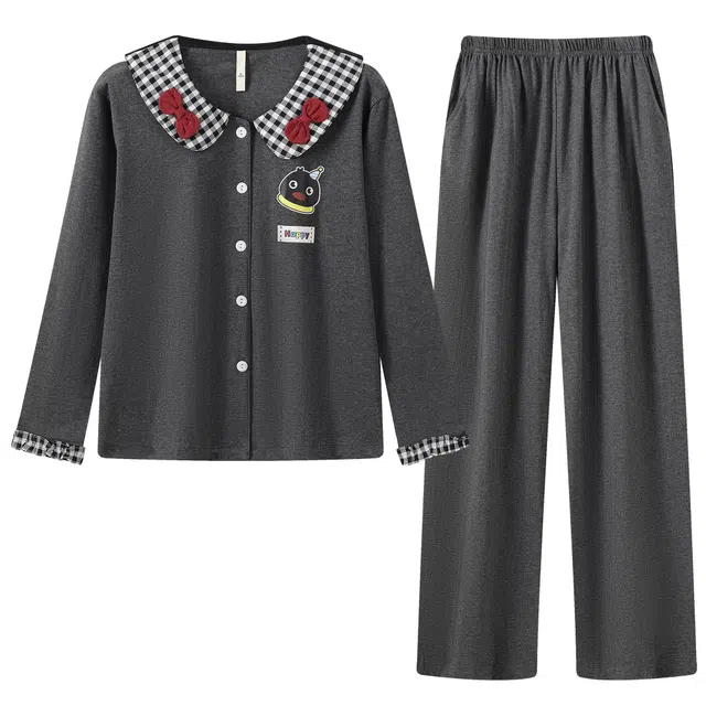 宫蝶 小企鹅纯棉长袖卡通家居服宽松休闲可外穿开衫睡衣套装 女款