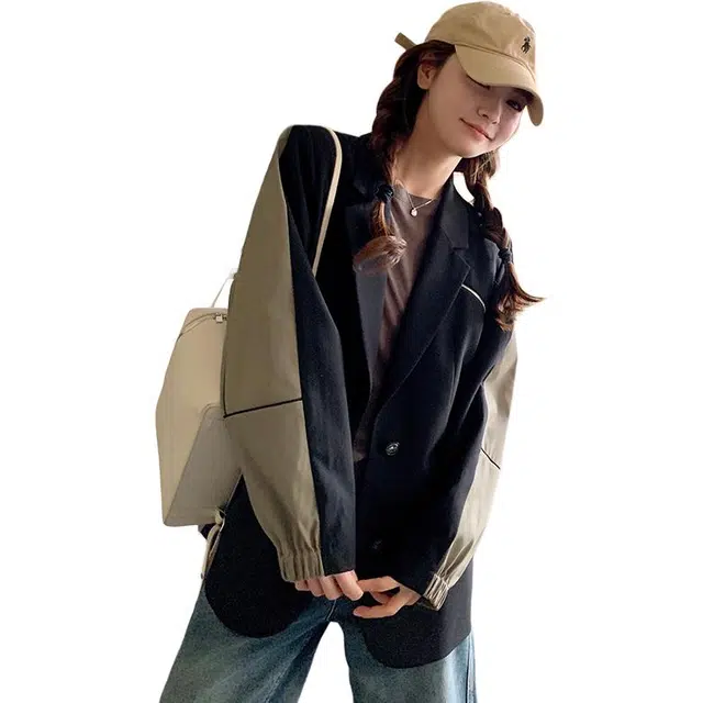 稻草人 设计感小众时尚休闲撞色拼接假两件西装外套 女款