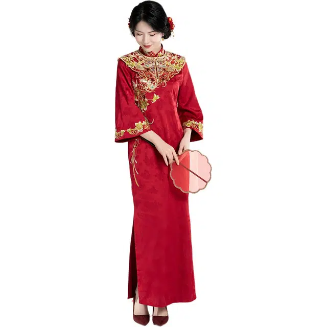 织造司 云肩立领盘扣旗袍新中式婚服新娘服订婚礼服汉服 女款