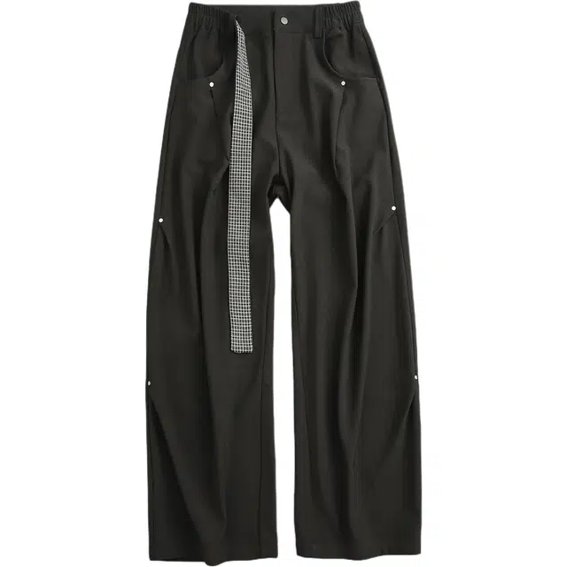 宫奴 日系潮牌复古侧边双斜褶格纹飘带宽松百搭垂感休闲裤 男女同款