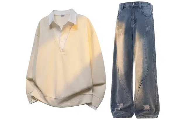 梓润格 美式复古氛围感长袖老钱风水洗做旧不规则线条立体分割拼接直筒拖地中腰牛仔裤卫衣套装 男女同款