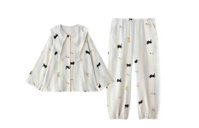 俏薇妮 春秋款纯棉纱布婴儿棉条可爱纹猫咪宽松家居服睡衣礼盒 女款