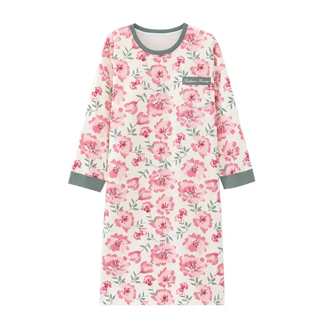 莫代尔 轻盈透气休闲圆领套头舒适个性百搭带胸垫防凸点长袖家居裙睡裙 女款