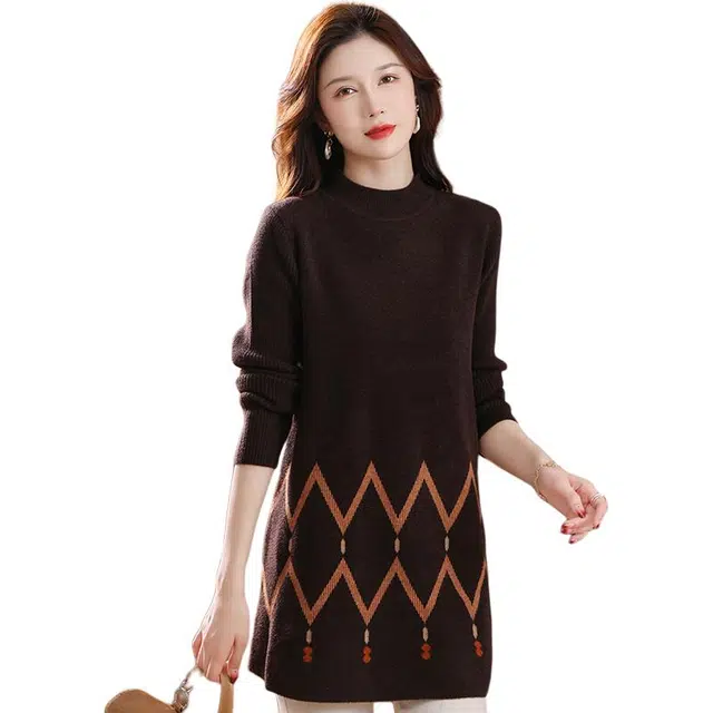 袋鼠 宽松简约舒适中长款圆领条纹撞色亲肤柔软针织衫 女款