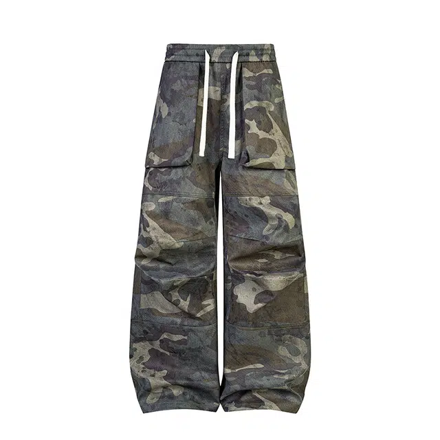 头号青年 美式复古迷彩工装裤小众设计弯刀裤男女镰刀裤休闲裤 男款