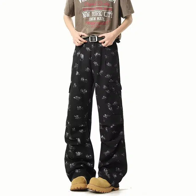 加荣 美式潮流漆点直筒牛仔裤男秋季宽松休闲裤子青少年痞帅炸街阔腿裤字母设计感高街微喇裤春秋百搭可系皮带基础款男士长裤 男女同款