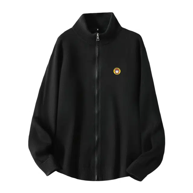 吾皇猫 原创美式复古高街简约基础款学院风立领针织上衣慵懒风时尚贴布宽松休闲双拉链外套潮流潮牌百搭春秋季夹克 男女同款