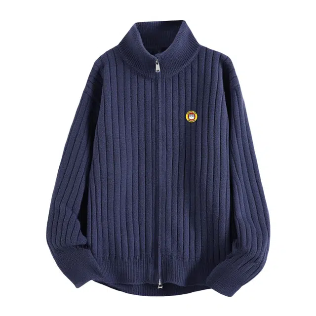 吾皇猫 原创美式复古高街简约基础款学院风立领长袖针织上衣慵懒风时尚贴布宽松双拉链休闲外套潮流潮牌百搭春秋季夹克 男女同款