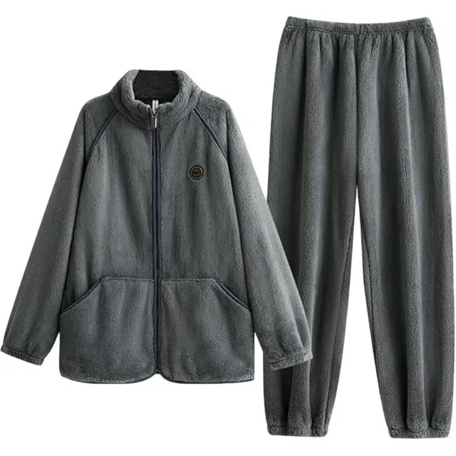 浮光岛屿 简约纯色时尚拉链高级感家居服舒适亲肤保暖可外穿休闲睡衣套装 礼袋款 男款 浅蓝色