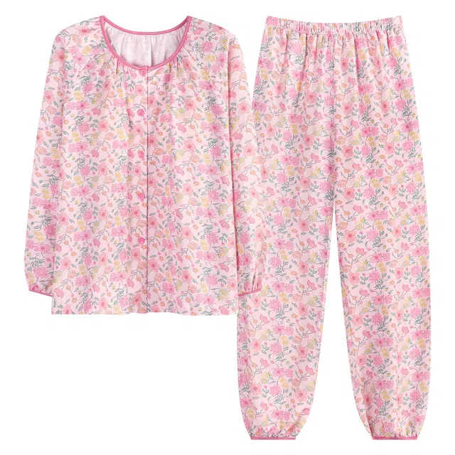 顶瓜瓜 带胸垫开衫圆领长袖碎花清新舒适透气家居服睡衣套装 女款