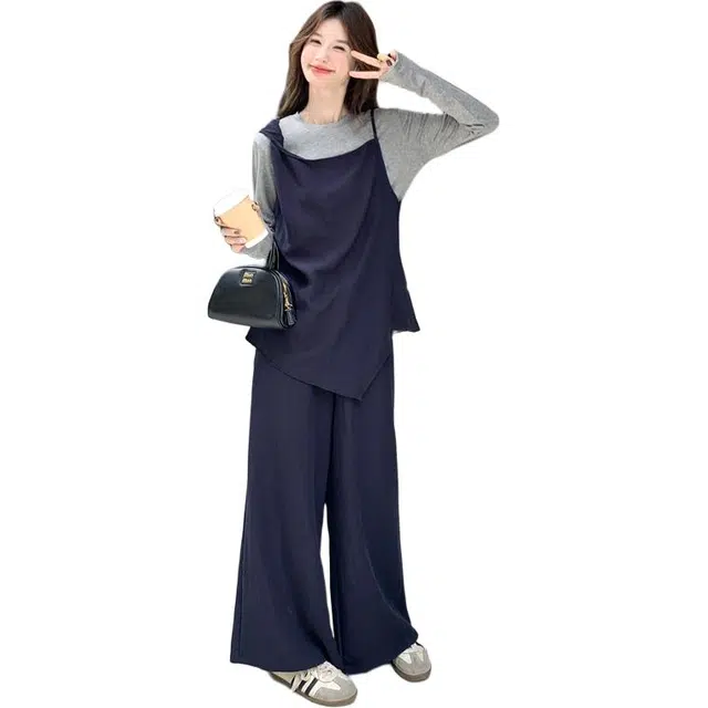 袋鼠 韩系穿搭不规则慵懒吊带打底衫阔腿裤三件套休闲套装 女款