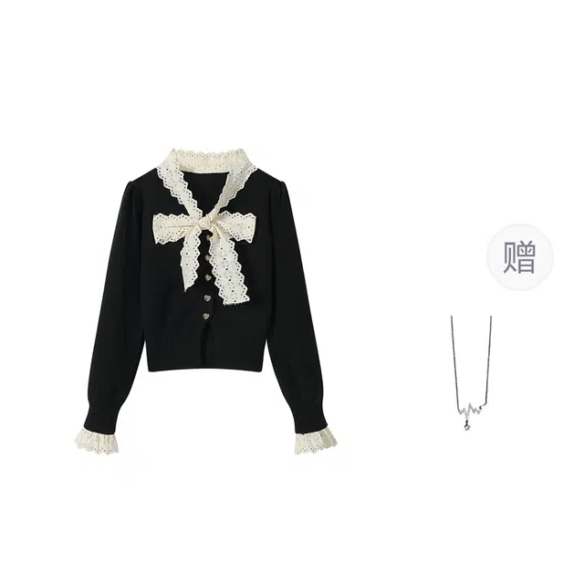 识恩 韩系法式甜美蕾丝蝴蝶结气质上衣及开针织衫 女款