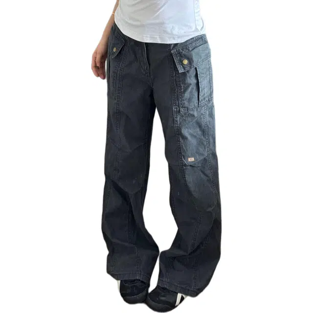 北欧攻略 高品质美式复古褶皱设计宽松直筒棉质水洗做旧多口袋街头风显高显瘦休闲裤工装裤 男女同款