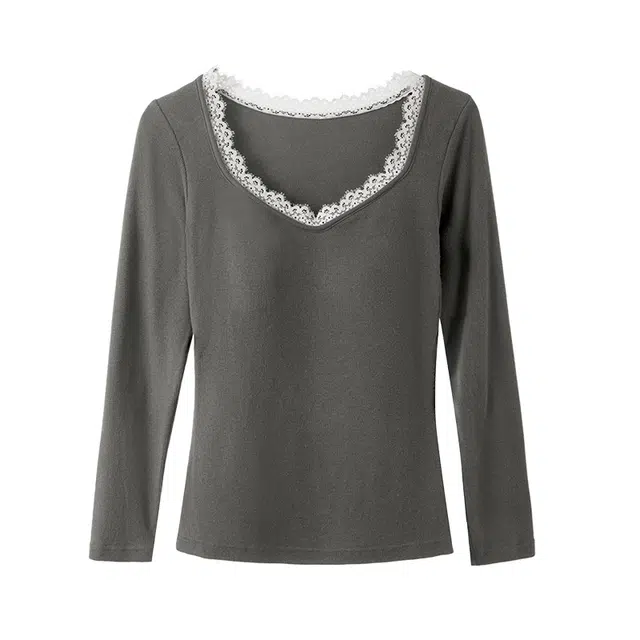 内在密码 带胸垫内衣女秋冬打底衫贴身内搭法式赫本领蕾丝拼接长袖保暖上装 女款