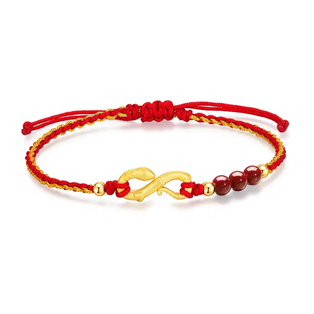 中国黄金 央创时尚 莫比乌斯灵蛇 轻奢小众设计感 简约百搭 新中式国潮 本命年 生肖顺利#好运 再造辰砂朱砂 手链 男女同款情侣款