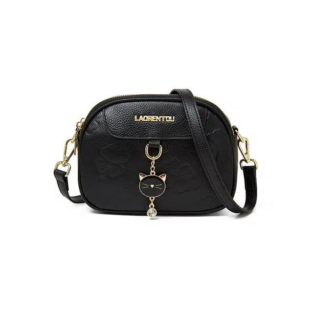 老人头 精致高级质感猫咪通勤百搭压纹简约轻便 牛皮 斜挎单肩包 女款 黑色