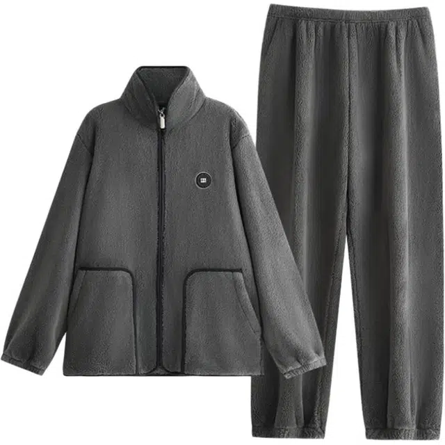 浮光岛屿 简约纯色拉链高级感家居服舒适亲肤保暖可外穿休闲睡衣套装 礼袋款 男款 灰色