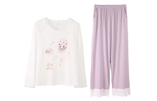 安之伴 甜美蕾丝花边舒适亲肤纯棉家居服可外穿简约可爱宽松套头圆领长袖睡衣套装 女款