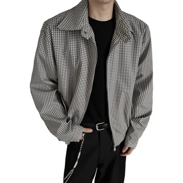 冈哉 美式复古短款双拉链格子飞行宽松痞帅个性潮流潮牌时尚慵懒感日常通勤柔软舒适亲肤运动户外夹克 男女同款
