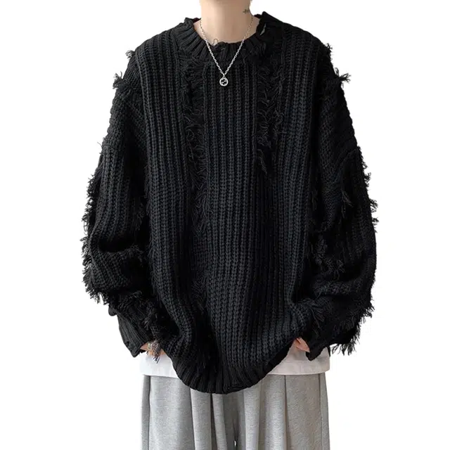 冈哉 破洞毛边流苏粗麻花纯色设计美式慵懒松弛宽松百搭软糯休闲时尚潮流上衣针织衫 男女同款
